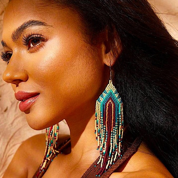 Bohemian Beaded Dangle Tassel Earrings, Tribal Design, Western, Boho, Fr… - Picture 5 of 5